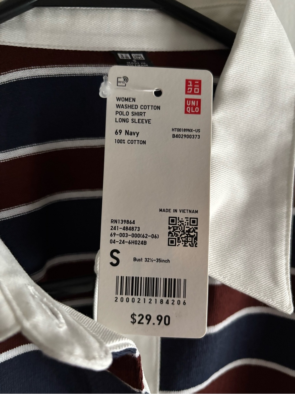 Uniqlo Washed Cotton Burgundy Maroon Red and Navy Blue Striped Polo Shirt - Picture 2 of 6